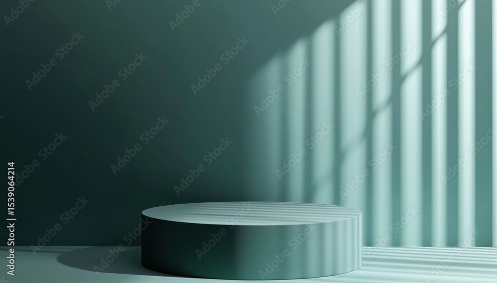 Poster dark green cylinder display stand in a green empty room with a window shadow. presentation of produc