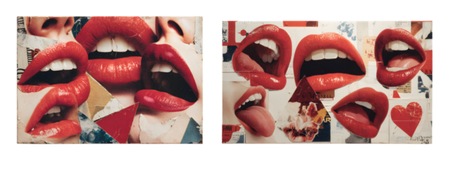 A vibrant collage of crimson lips, isolated on transparent background, forms a passionate and sensual composition