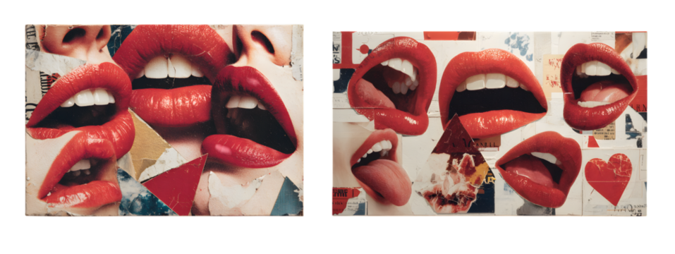 A vibrant collage of crimson lips, isolated on transparent background, forms a passionate and sensual composition