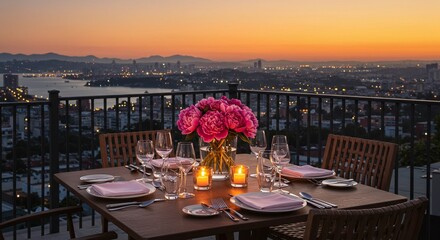 Romantic Candlelit Dinner Table Setting at Sunset