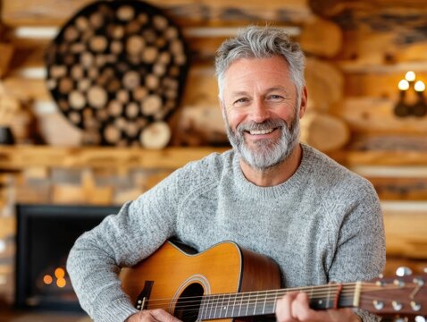A smiling middle-aged man with gray hair plays an acoustic guitar in a cozy log cabin with a warm fireplace in the background. - Powered by Adobe
