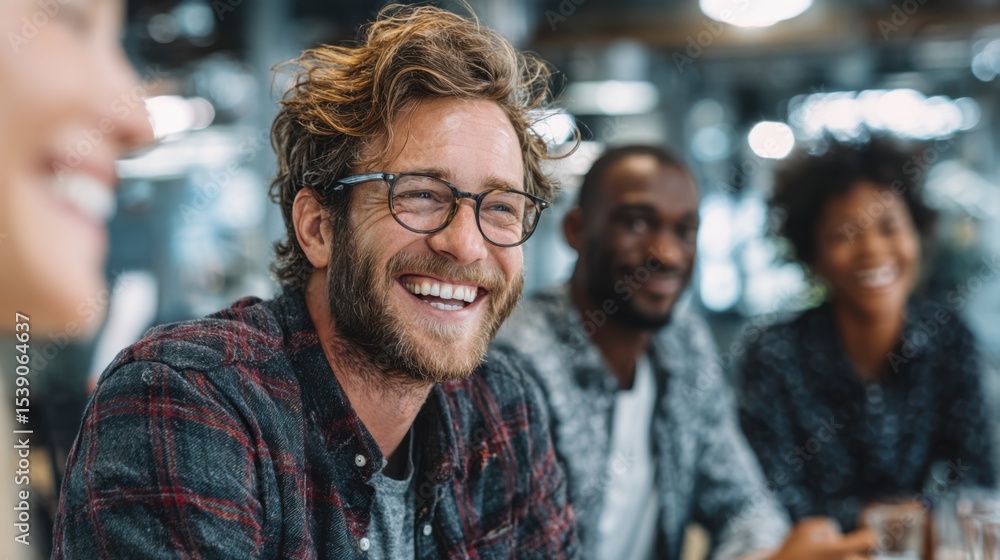 Poster friends engage in a joyful conversation at a modern co-working space during the afternoon, sharing l