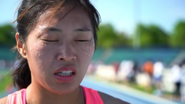 Athlete Exhaustion: Close-up portrait of a determined female athlete, her face glistening with sweat, taking a breather after an intense race.  She embodies resilience and perseverance.