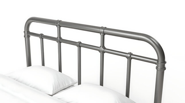 Photorealistic metal bed rail with curved support structure and pillows  