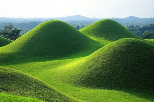Vibrant green rolling hills create a whimsical landscape under a bright sky, Teletubbies Hill with green rolling hills under a clear sky, Indonesia