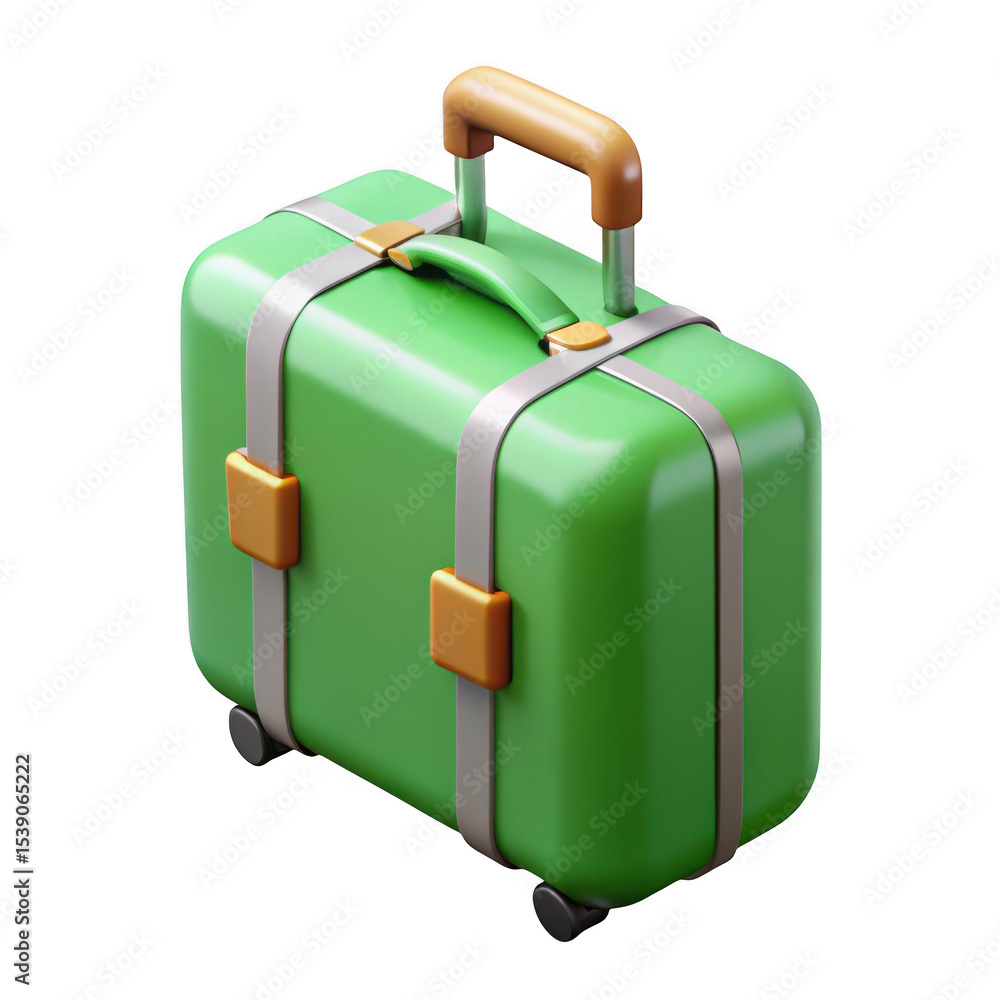 Poster 3d render of a green suitcase with wheels isolated on transparent background