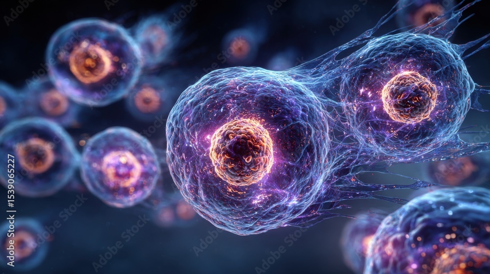 Poster microscopic view reveals intricate cellular structures in a dark background, showcasing their vibran
