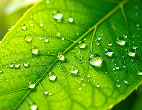 Macro Dew Drops on Green Leaf