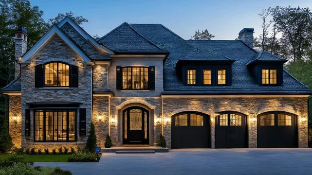 Luxury stone home facade at dusk with black shutters, dormer windows, and elegant garage doors