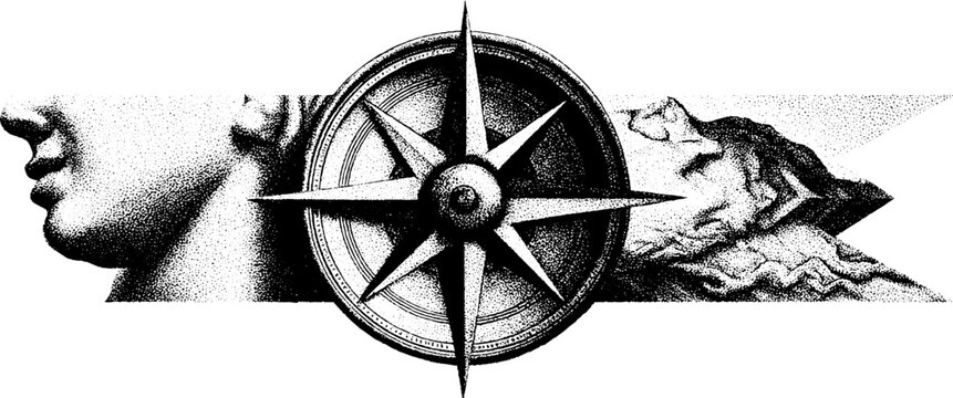 Compass and map dotwork tattoo design with blackwork elements