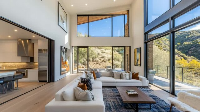 Modern canyon home with open floor plan and full-height windows, offering panoramic views of nature and changing canyon colors