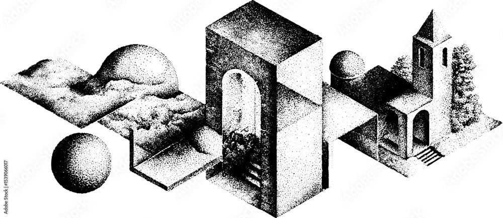 Poster geometric architecture: isometric linework and axial rods for design concepts