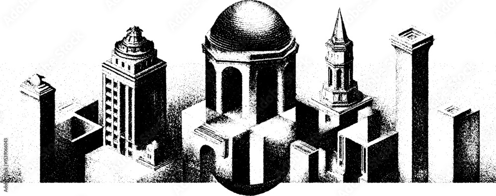 Poster isometric architectural composition with dome shape and rectangular prism