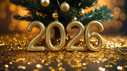 Golden Glow Holiday Scene with Christmas Tree and Sparkling 2026 Letters
