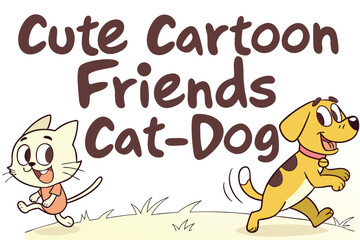 Cute cartoon cat and dog friends in bubbly comic style