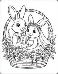 Cute romantic bunny couple on flower basket black line art vector illustration for coloring page or book design wedding and valentine 