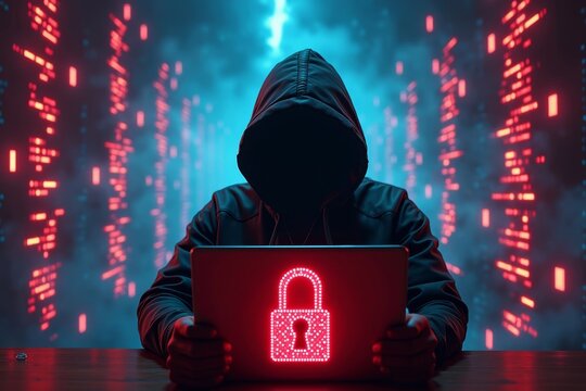 Title: Cyberpunk Hacker Immersed in a Digital Swarm of Encrypted Files with Ransom Demand Displayed