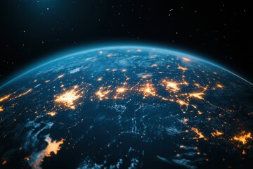 Fototapeta premium Interactive globe displaying satellite weather data with AI technology at night, Interactive globe with AI driven satellite weather, highlighting worldwide predictions