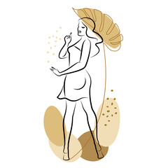 Silhouette of a cute lady and leaves of a plant. The girl is standing. The woman has a beautiful figure. She is young and slim. Vector illustration.