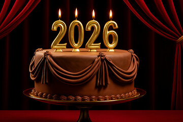 Luxurious New Year  Chocolate Cake with Golden Candles Forming 2026 on Red Curtain Stage Background for Elegant New Year or Birthday Celebration Concept