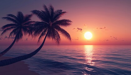 Stunning Image Of An Evening Sun Setting On A Paradise Beach With Silhouettes Of Palm Trees, Perfect For Relaxation.