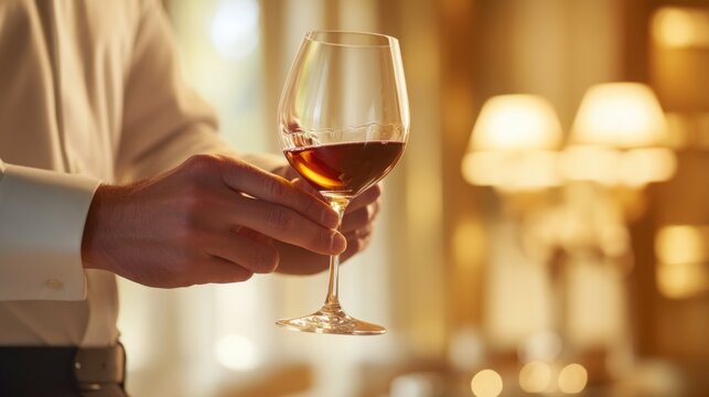 Elegant man holding a glass of red wine in a dimly lit sophisticated restaurant ambiance