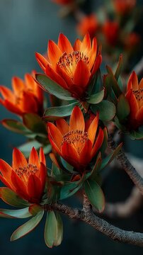 Vibrant Orange Protea Flowers Blooming on a Branch in a Close-Up Video