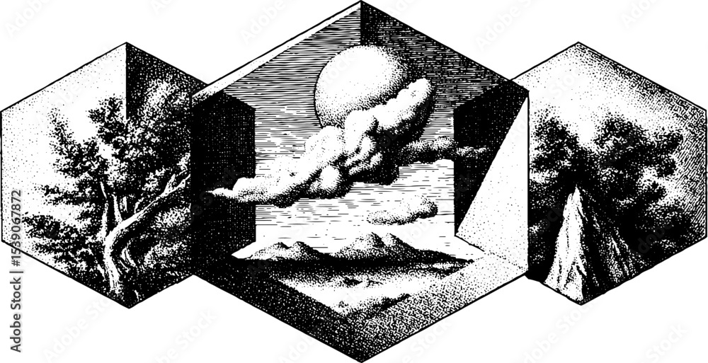 Poster Surreal hexagonal frame composition with nature and geometric elements