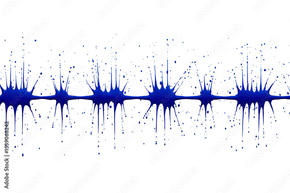 Poster dynamic blue paint splatter pattern creates abstract and energetic design, with droplets and splashe