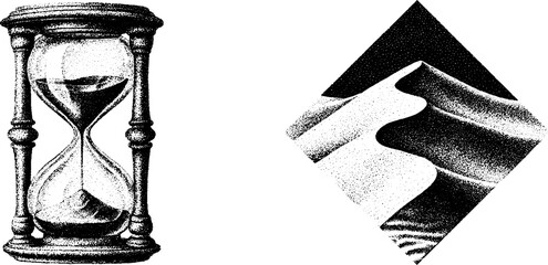 Dotwork tattoo design featuring hourglass and desert dunes