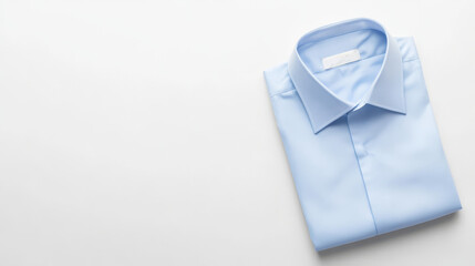 A neatly folded blue shirt is positioned on a white background, showcasing its tidy appearance and smooth fabric texture