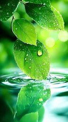 Dew-kissed leaves touching water, nature background