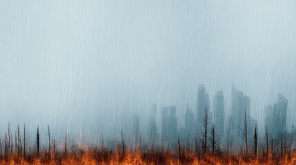 Fototapeta premium Dramatic Landscape of Wildfire Burning Through Forest with Silhouette of Charred Trees Against Rainy Background