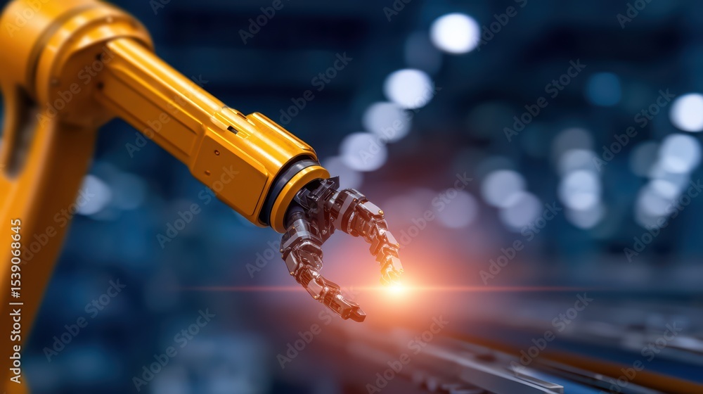 Poster advanced industrial robotic arm with precision gripper in action within a modern manufacturing envir