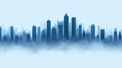 Urban City Skyline Silhouette in Fog with Soft Blue Hues for Modern Design Projects and Backgrounds
