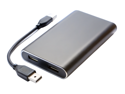 A close up shot of a gray power bank with a black cable attached on a black background in a studio shot