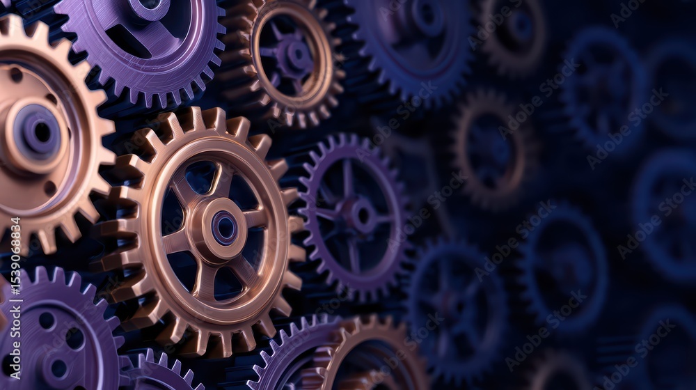 Poster intricate arrangement of colorful gears interlocking in a mechanical design with a dark background