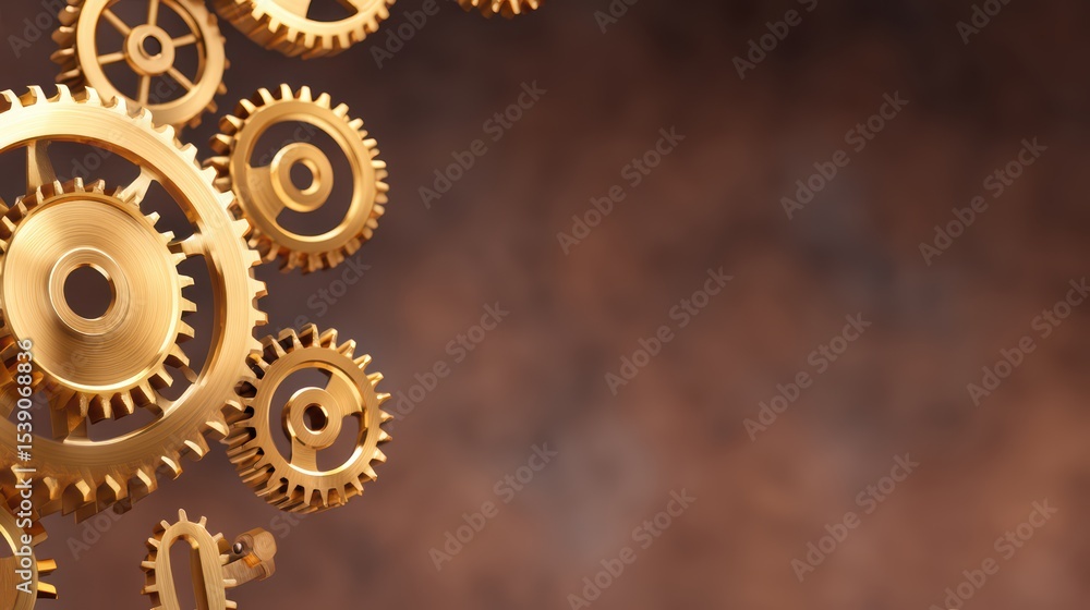 Poster golden gears and cogs with shiny surface against a dark background for industrial and mechanic desig