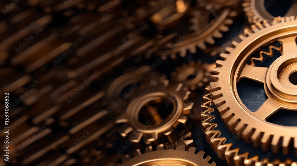 Poster intricate close-up of polished copper gears in a mechanical assembly showcasing precision engineerin