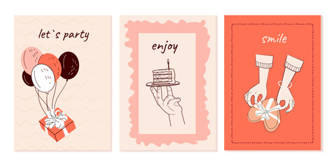 Set of cozy aesthetic birthday greeting cards design with cake, balloons and typography design. Minimal artistic templates. For poster, business card, invitation, flyer, banner, email header