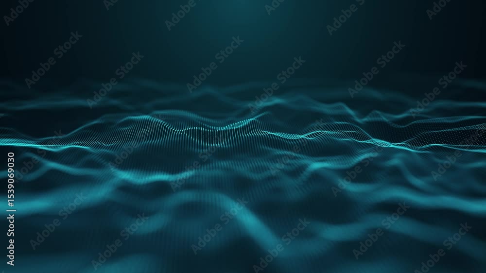 Poster abstract digital wave pattern that features moving illuminated blue dots on a dark background creati
