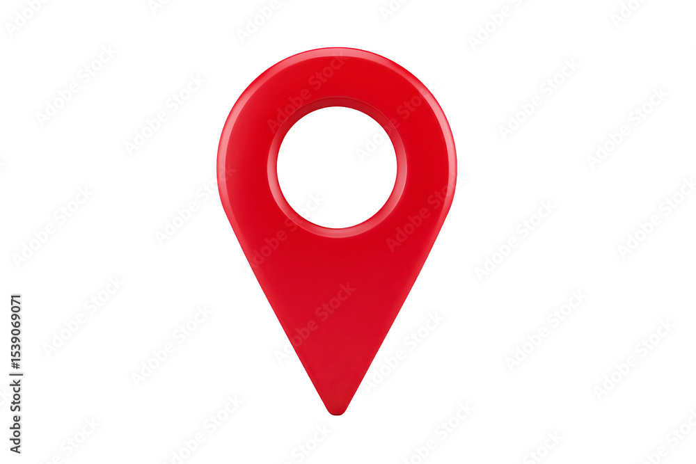 Poster red location pin icon with circular hole in center, symbolizing navigation and mapping. glossy finis