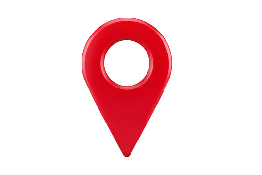 Red location pin icon with circular hole in center, symbolizing navigation and mapping. glossy finish adds modern touch, making it ideal for digital maps and apps