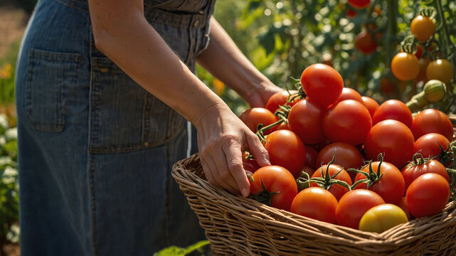 Close-up of hands placing fresh ripe tomatoes into a wicker basket during harvest in a garden. Natural sunlight, vibrant red fruits, and green tomato plants in the background. Photorealistic farm scen