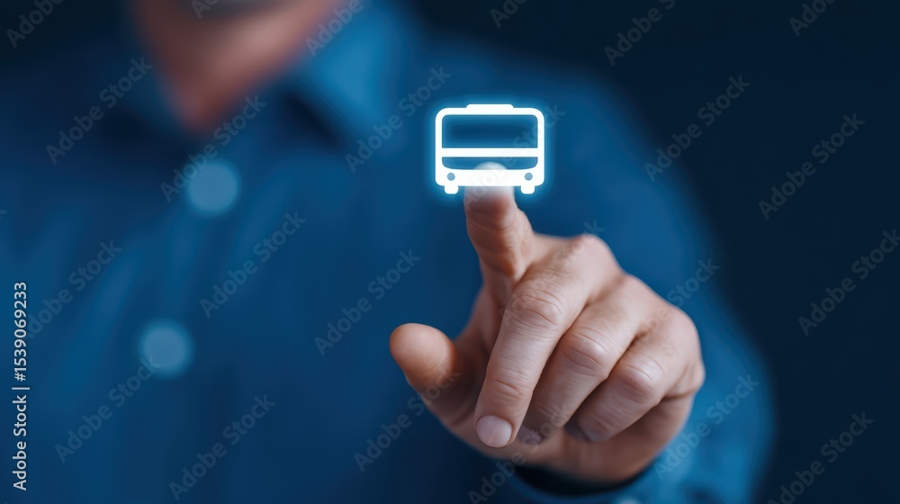Poster man using technology to access public transport information with digital bus icon on screen