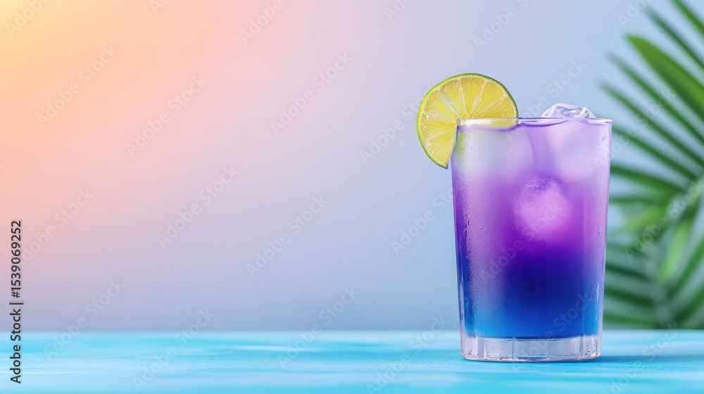 Poster refreshing blue and purple gradient drink with ice and lime slice on a summer table with tropical vi