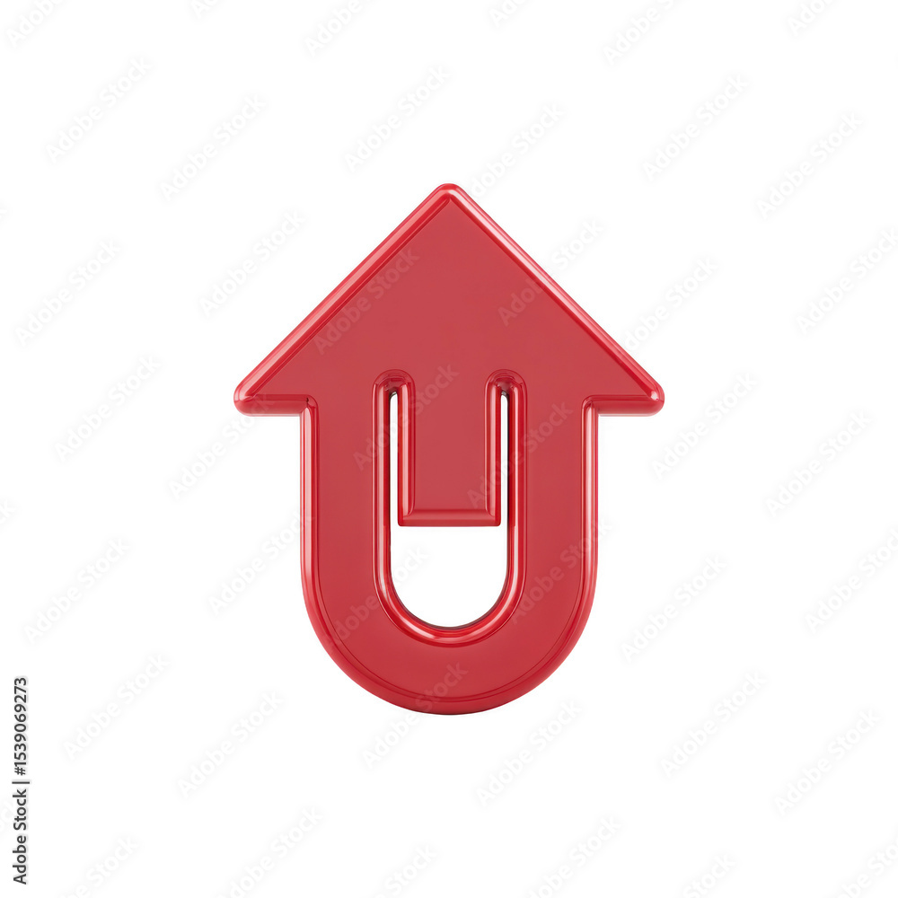 Poster shiny red arrow icon pointing upwards with glossy finish, symbolizing upload or increase. design is 