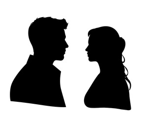 Creative black silhouette of a couple. Silhouette of young people, woman and man in profile. Object isolated.