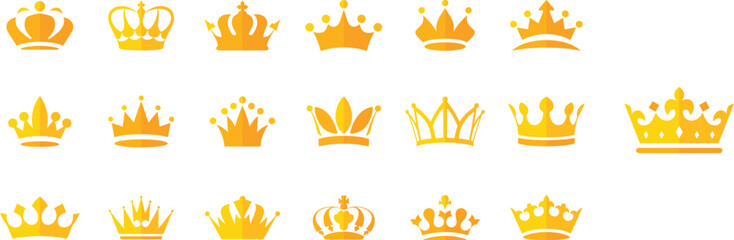 Golden crown icons for royalty and design projects, Collection of majestic gold crowns for artwork