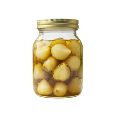 Jar of Pickled Pearl Onions in Vinegar for Culinary Delights on transparent background